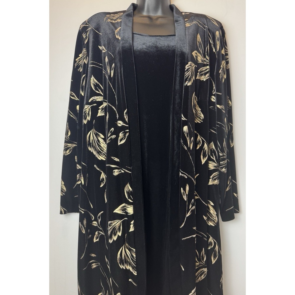 Dressbarn Black Velvet Dress With Long Open Front Duster Jacket Metallic Gold 16